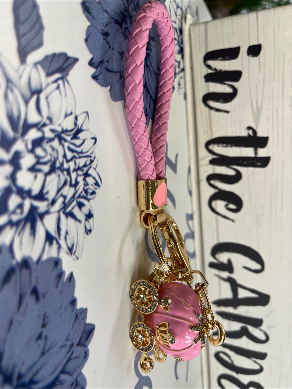 Pink Braided Strap Keychain with Gold Carriage Charm